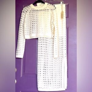 Riley & James White Crochet Knit Sweater & Skirt Set MED NWT Heart